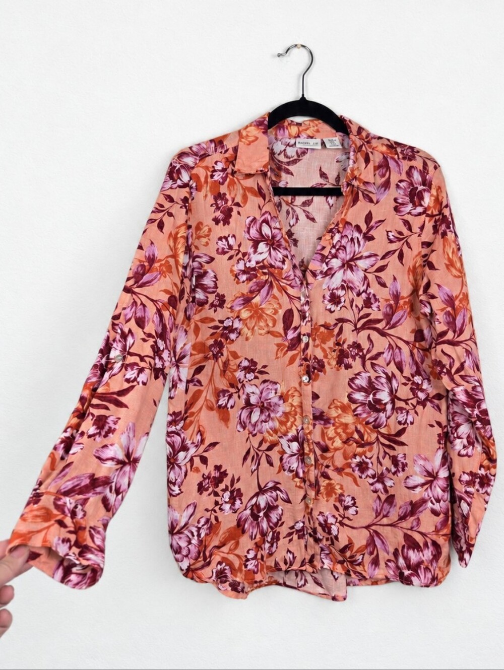 Rachel Zoe 100% Linen Floral Button Down Shirt M Roll Tab Sleeve Boho Blouse